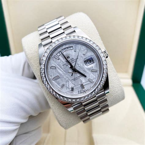 rolex white gold 40mm meteorite diamond dial clone|rolex diamond dial.